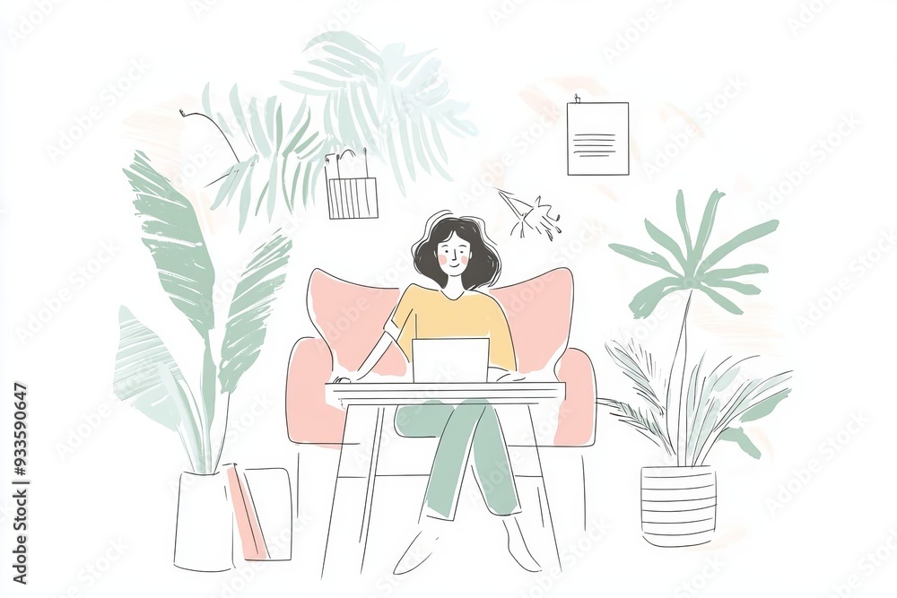 A woman working on a laptop in a cozy space surrounded by indoor plants, showcasing a balanced and productive lifestyle. A woman working on a laptop in a cozy space surrounded by indoor plants, showcasing a balanced and productive lifestyle.