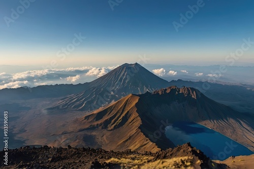 Senaru viewpoint from Rijani Mount 3726m in blue sky.  photo