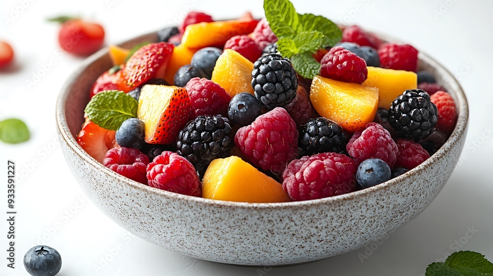 A bowl of fresh fruit salad with strawberries, blueberries, raspberries, blackberries, and peach slices. A bowl of fresh fruit salad with strawberries, blueberries, raspberries, blackberries, and peach slices.