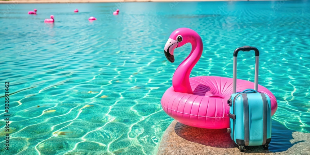 Pink flamingo inflatable belt floating on turquoise blue water with a travel suitcase nearby, flamingo, inflatable Pink flamingo inflatable belt floating on turquoise blue water with a travel suitcase nearby, flamingo, inflatable