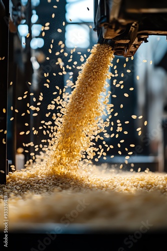 Rice grains falling from a machine into a large container at a processing facility
