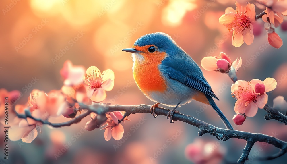 Vibrant bird perched on a branch, colorful feathers glowing against a blurred floral background, soft light, natures beauty Vibrant bird perched on a branch, colorful feathers glowing against a blurred floral background, soft light, natures beauty