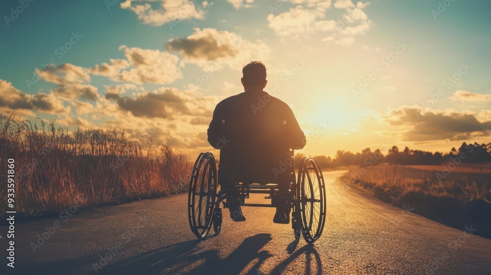 Obraz premium Man in wheelchair enjoying sunset on a quiet road