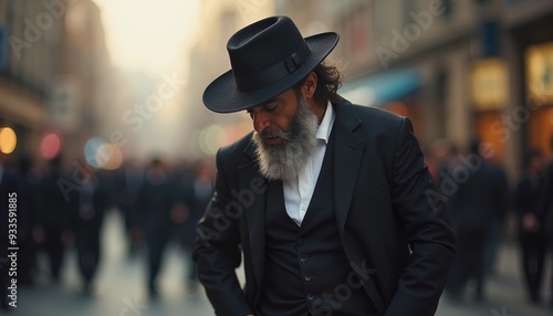 Mysterious jewish man, black suit and hat, crowded city street at dusk