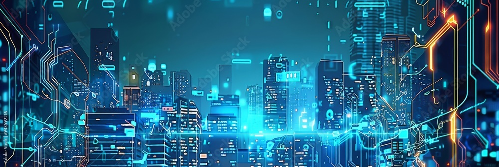 Obraz premium Futuristic Smart Cyber City illustration: Innovative Urban Landscape, futuristic technology and cyber punk concept, Graphic Resources, Wallpapers, Brochure, Websites, banner, Advertising, background