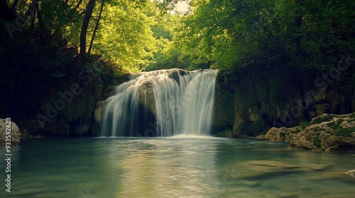 Tranquil Waterfall in a Lush Forest
