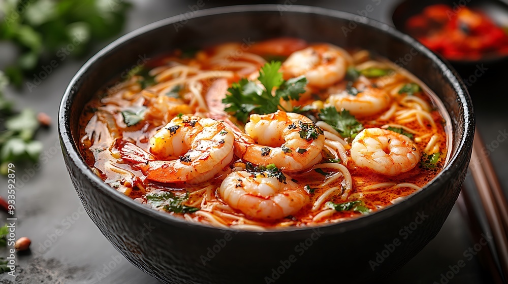 A bowl of steaming shrimp noodle soup with fresh cilantro and chili peppers. A bowl of steaming shrimp noodle soup with fresh cilantro and chili peppers.