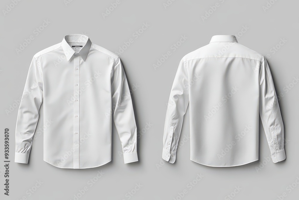 White long-sleeve dress shirt isolated on a gray background. The shirt is buttoned and has a collar. It is laying flat and has a shadow underneath.