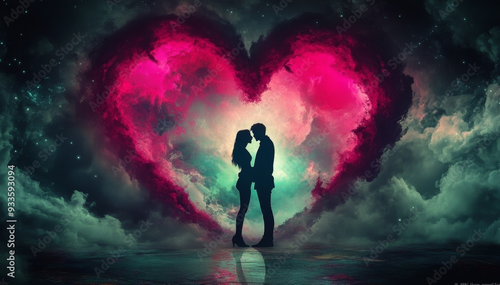 Obraz premium Surreal Lovers' Embrace: Abstract Illustration for Valentine's Day and Chinese Romantic Festivals. Minimalist Composition with Elegant Gradient Textures. Conceptual Art for UI, Web Posters, and High-R