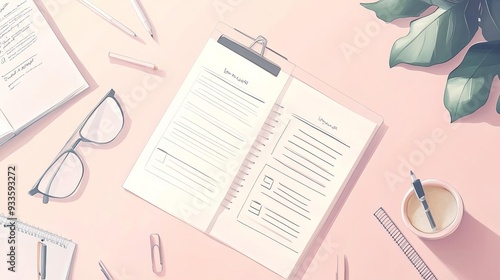 Stylish workspace layout showcasing a planner, stationery, and a coffee cup on a pink background, enhancing productivity.