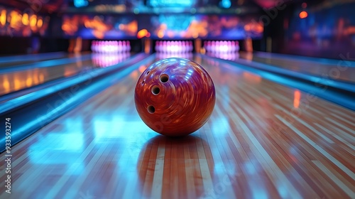 A bowling ball sits on the lane, ready to be thrown.