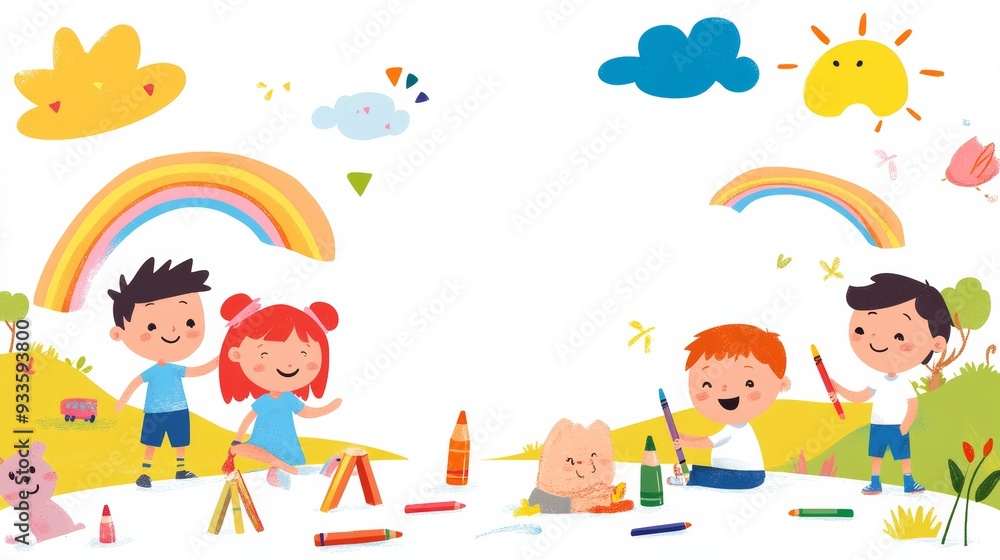 Cute children drawing on the wall using paintbrushes and colored pencils. Vector illustration. Cute children drawing on the wall using paintbrushes and colored pencils. Vector illustration.