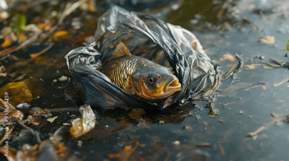 Fototapeta premium Close-up of a fish trapped in a plastic bag highlighting environmental pollution and the threat to aquatic life in natural habitats