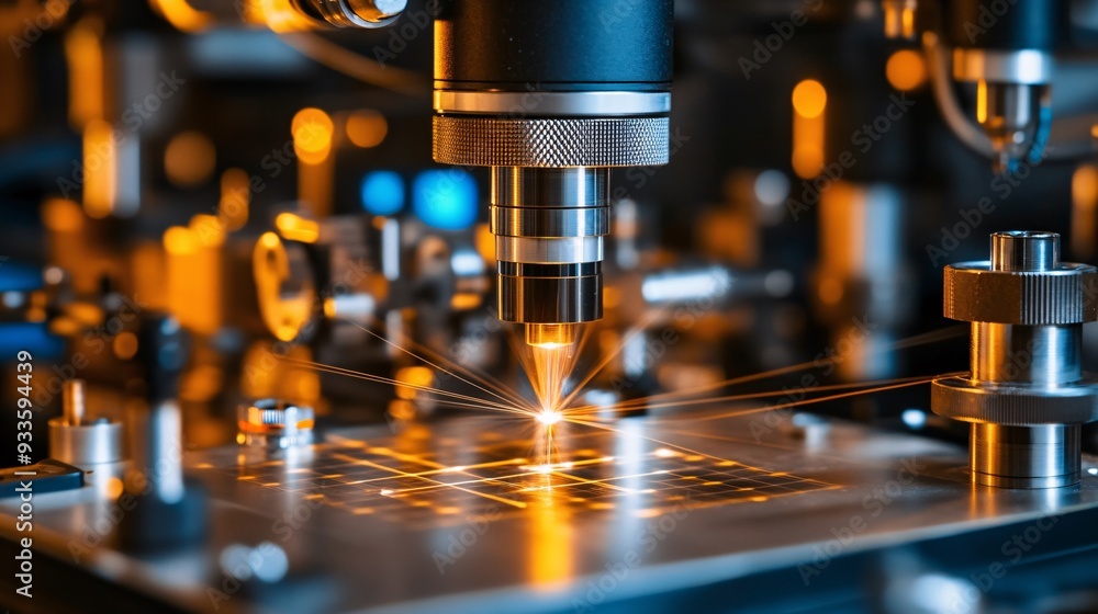 A scene of laser technology used in a high-precision measurement system. The laser beams form a network of lines across a complex mechanical structure, demonstrating the accuracy and detail of the A scene of laser technology used in a high-precision measurement system. The laser beams form a network of lines across a complex mechanical structure, demonstrating the accuracy and detail of the