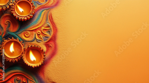 Glowing diwali diyas with patterns laid out on colorful sand. Happy Diwali. Hindu festival of lights celebration. Colorful traditional oil lamp diya on orange background with copy space, space for tex