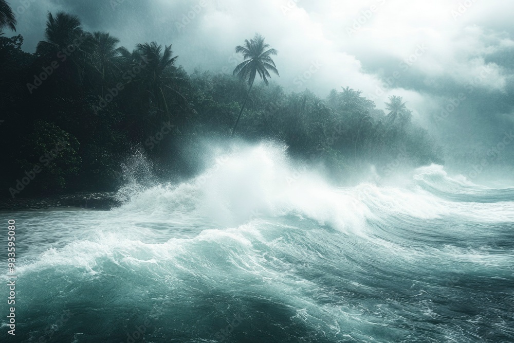 Fototapeta premium Stormy Ocean Waves Crashing Against a Tropical Shoreline