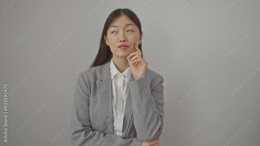 Thoughtful young chinese woman wearing jacket, standing with hand on chin over isolated white background, serious face expressing confusion while thinking on an idea or question Thoughtful young chinese woman wearing jacket, standing with hand on chin over isolated white background, serious face expressing confusion while thinking on an idea or question