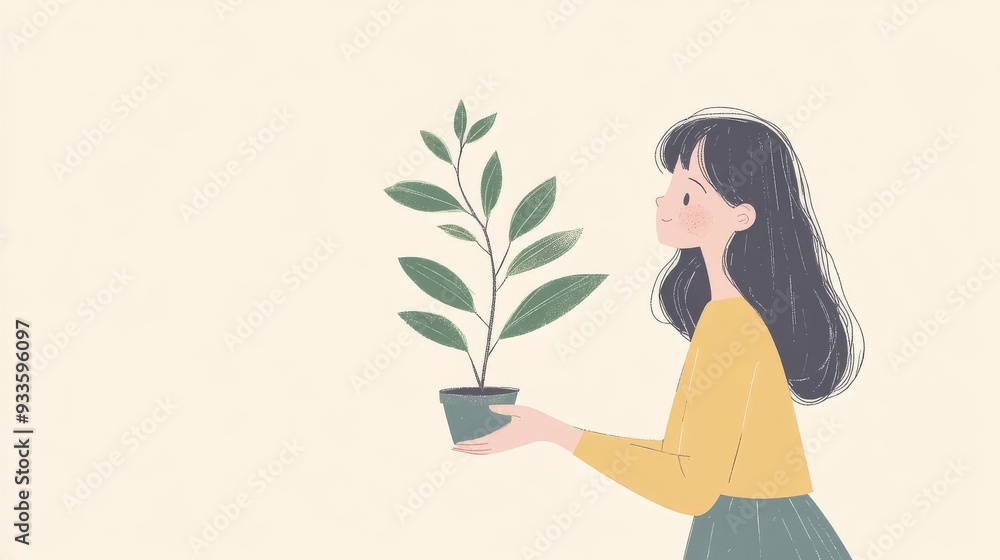 A serene illustration of a woman holding a potted plant, symbolizing growth, nature, and tranquility in a minimalist style. A serene illustration of a woman holding a potted plant, symbolizing growth, nature, and tranquility in a minimalist style.