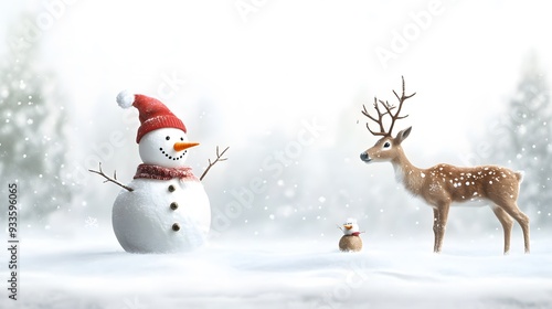 Deer and snowman in the snowy forest