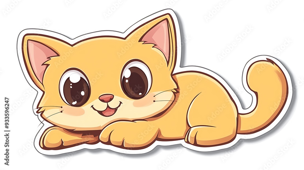 Charming Yellow Cat Cartoon Sticker for Die-Cut, Detailed Vector Illustration on White Background