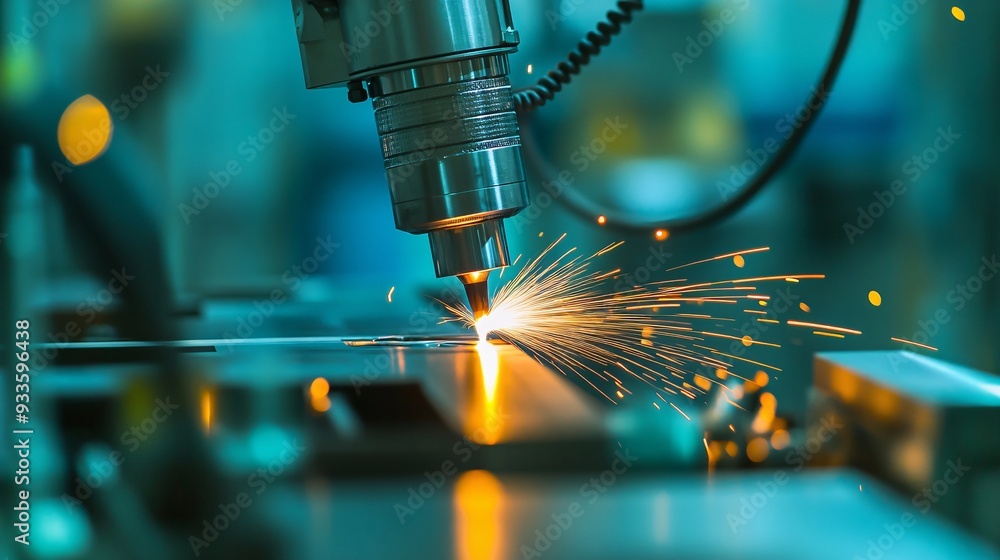 An industrial laser being used in the aerospace industry for precision welding of aircraft components. The laser beam is intense and focused, creating a pool of molten metal at the weld point. The An industrial laser being used in the aerospace industry for precision welding of aircraft components. The laser beam is intense and focused, creating a pool of molten metal at the weld point. The