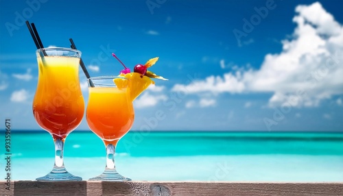 tropical vacation - beautiful cocktail on the beach by the ocean