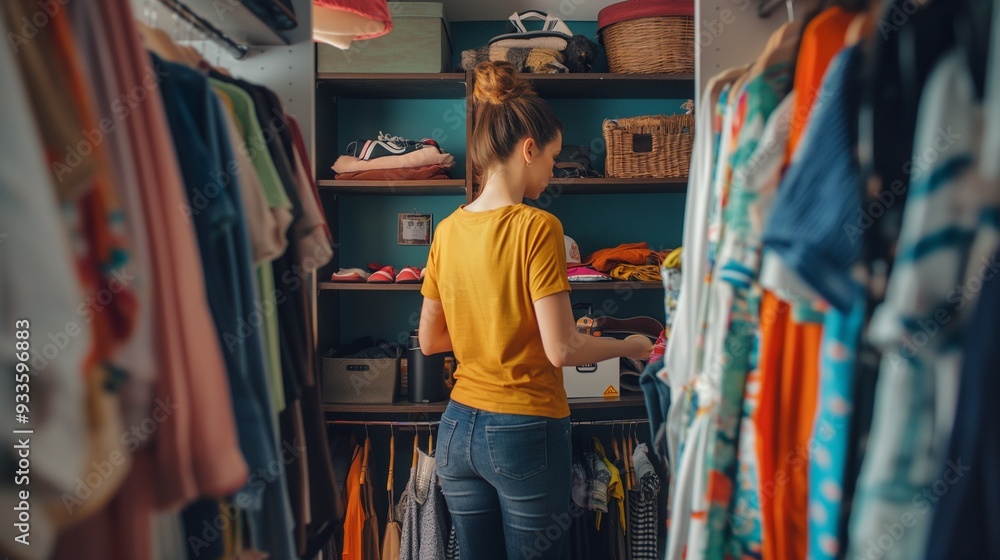 A woman organizing closets, donating unused items A woman organizing closets, donating unused items