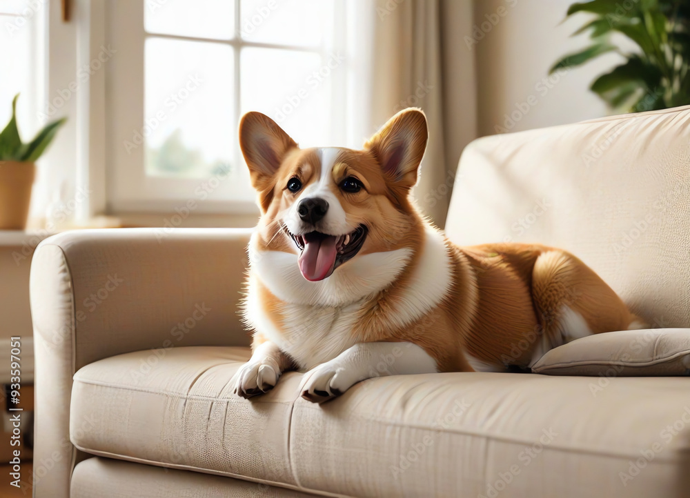 An image of a happy dog lying on a comfortable couch An image of a happy dog lying on a comfortable couch