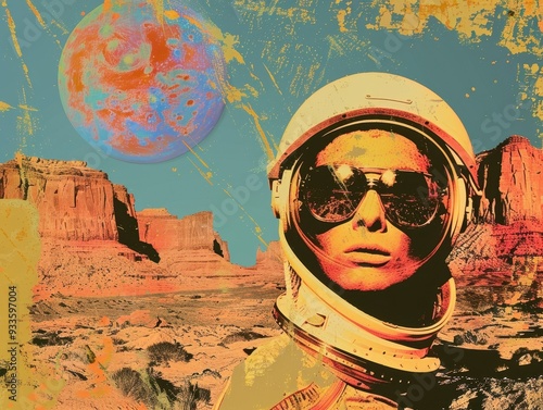 Cosmic Voyager: A retro-futuristic portrait of an astronaut gazing towards a vibrant alien planet, with a rugged desert landscape in the background