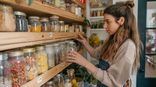 woman organizing her pantry, grouping similar items a