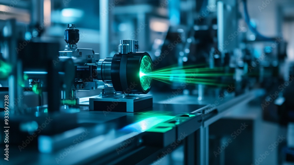 A detailed view of a laser used in optical fiber manufacturing, with the beam precisely aligning the fibers during the production process. The laser emits a bright green light, surrounded by advanced A detailed view of a laser used in optical fiber manufacturing, with the beam precisely aligning the fibers during the production process. The laser emits a bright green light, surrounded by advanced