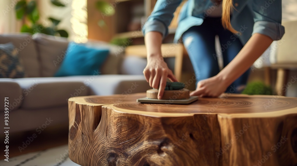woman polishing wooden furniture in her living room woman polishing wooden furniture in her living room
