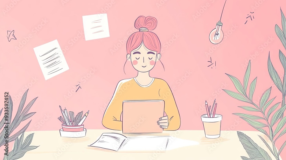 A young woman working on a tablet in a cozy workspace filled with plants and thoughtful decor, highlighting creativity and productivity. A young woman working on a tablet in a cozy workspace filled with plants and thoughtful decor, highlighting creativity and productivity.