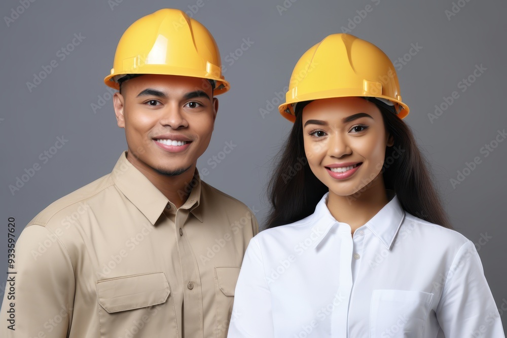 Construction Confidence: A diverse duo of smiling construction professionals, a man and a woman, stand confidently in their yellow hard hats, ready to tackle any project Construction Confidence: A diverse duo of smiling construction professionals, a man and a woman, stand confidently in their yellow hard hats, ready to tackle any project