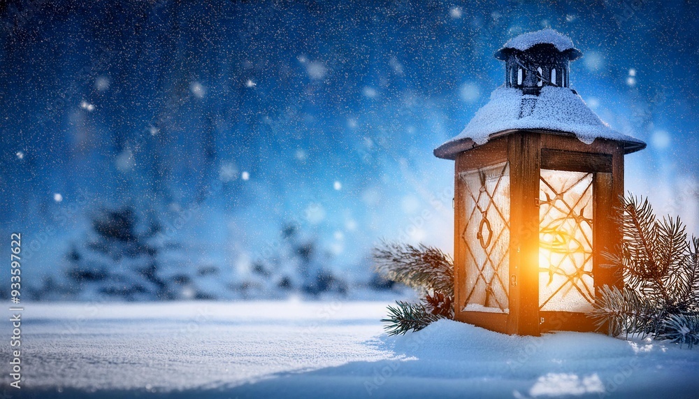 winter background - lantern with light on snow - christmas winter background - lantern with light on snow - christmas