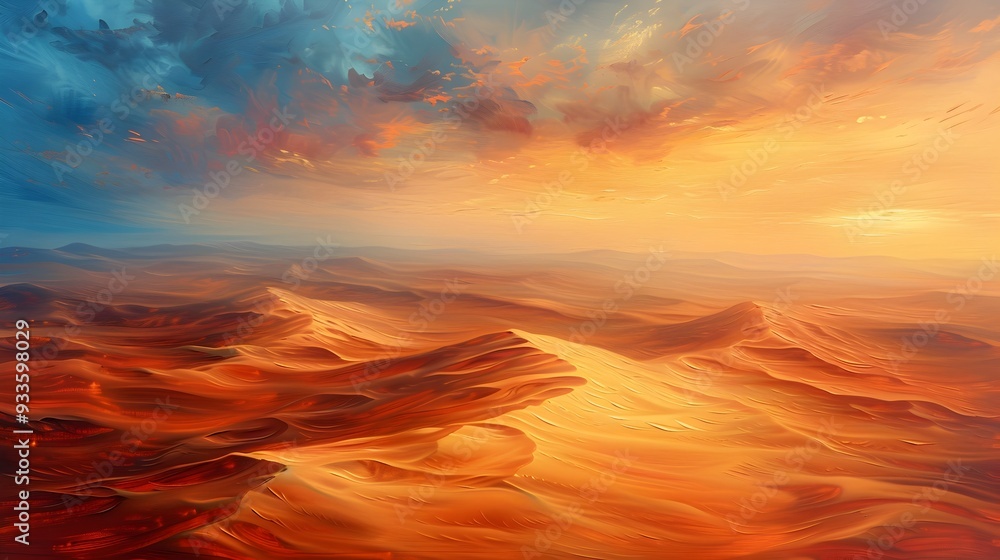 Fototapeta premium Tranquil Desert Landscape at Dramatic Sunset with Detailed Sand Dunes and Warm Toned Oil Painting Aesthetic
