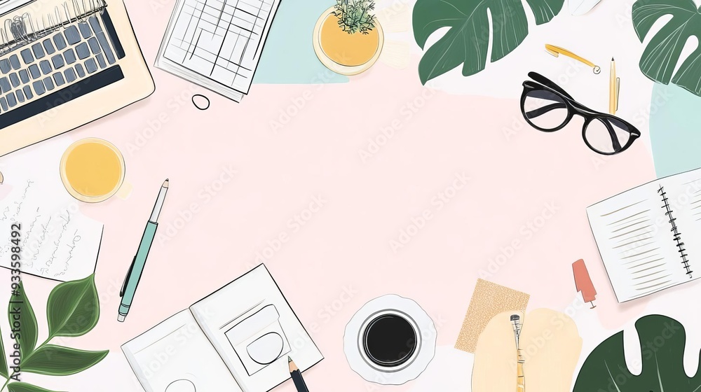 A stylish workspace layout featuring a laptop, plants, notebooks, and coffee, perfect for illustrating productivity and creativity. A stylish workspace layout featuring a laptop, plants, notebooks, and coffee, perfect for illustrating productivity and creativity.