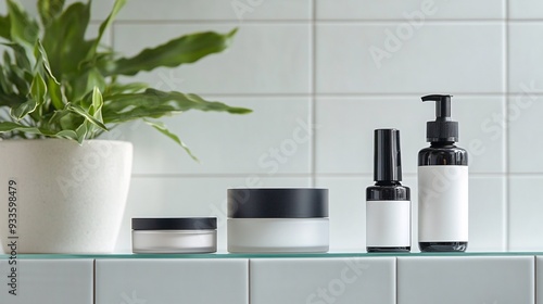 Wallpaper Mural A skincare set displayed in a minimalist bathroom setting, featuring sleek, modern bottles and jars. The products include a cleanser, serum, sunscreen, and night cream. The background includes a Torontodigital.ca