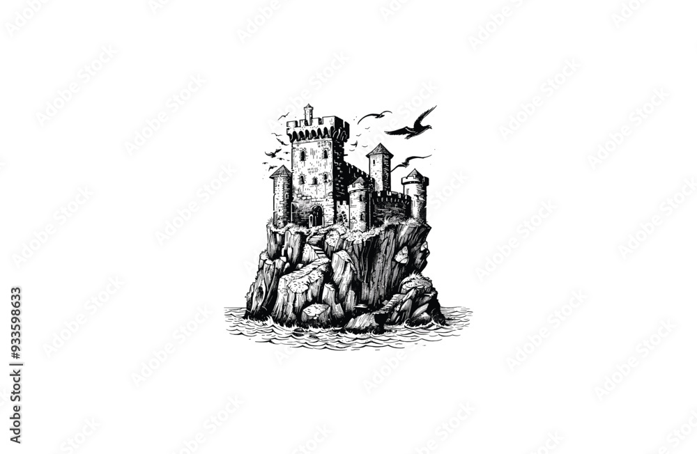 Fototapeta premium fort on a cliff by the coast vintage engraving design vector illustration