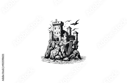 fort on a cliff by the coast vintage engraving design vector illustration