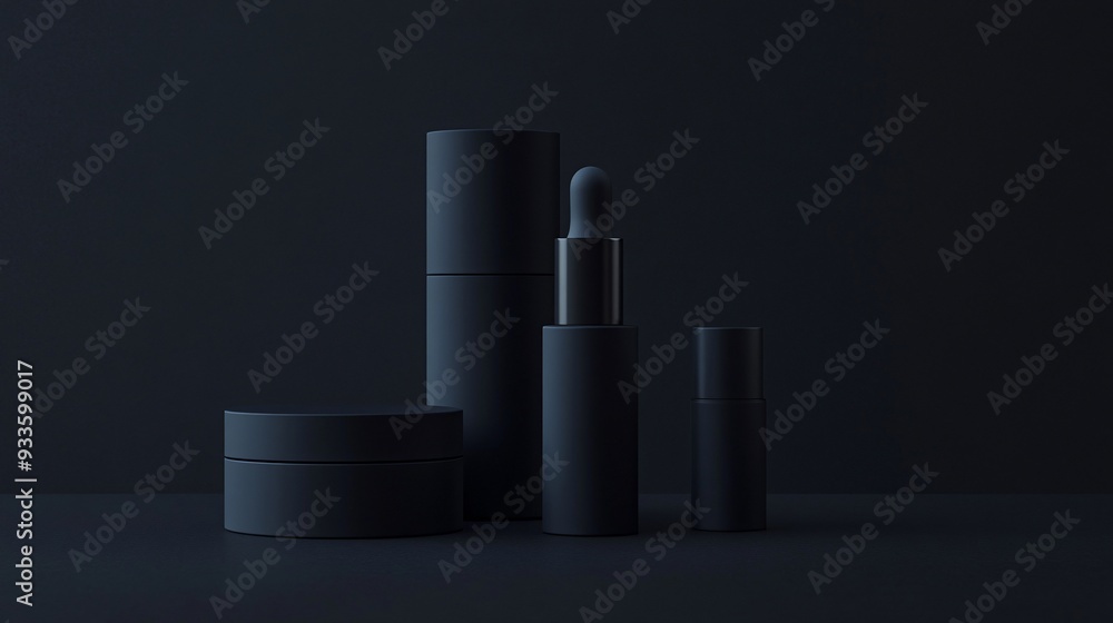 A skincare set presented on a sleek black surface, with items including a face cream, eye serum, and cleansing oil. The background is a dark, elegant tone, emphasizing the sophisticated design of the A skincare set presented on a sleek black surface, with items including a face cream, eye serum, and cleansing oil. The background is a dark, elegant tone, emphasizing the sophisticated design of the