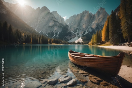 Wooden Boat Moored on a Tranquil Mountain Lake