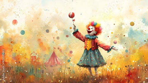 A colorful circus scene with a happy clown juggling, painted in pastel watercolors, creating a joyful ambiance for a child's room photo