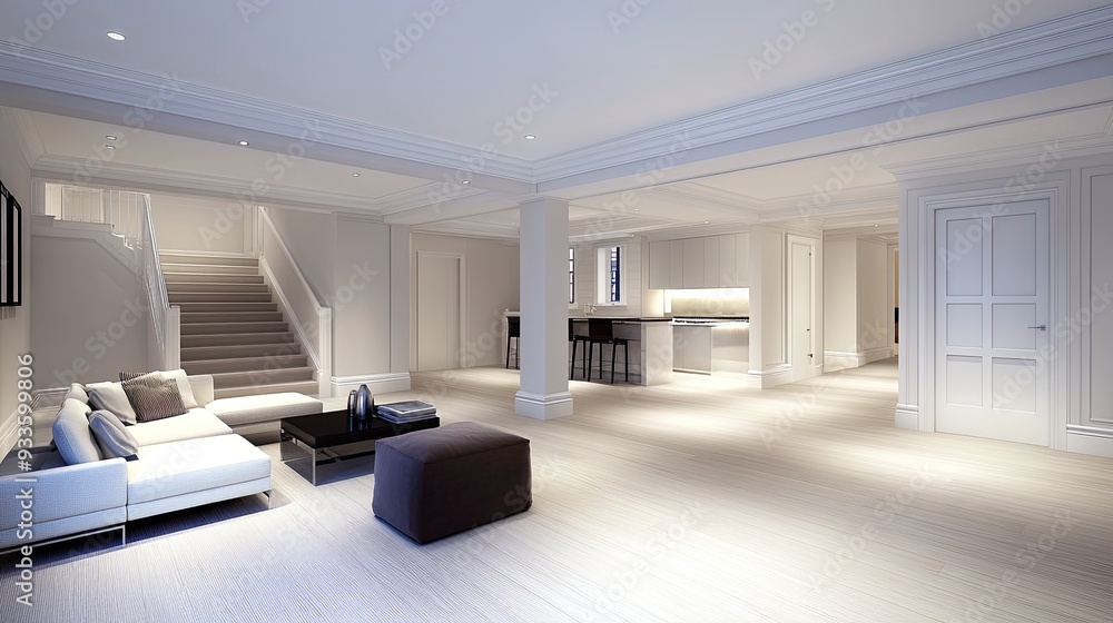 Fototapeta premium This stylish basement living room features white walls, light grey flooring, and cozy seating near the staircase leading to the main level