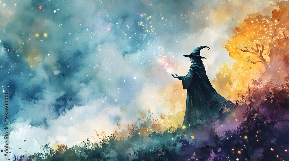Fototapeta premium A magical scene with a wizard casting colorful spells, painted in pastel watercolors, perfect for a child's room, evoking wonder and imagination