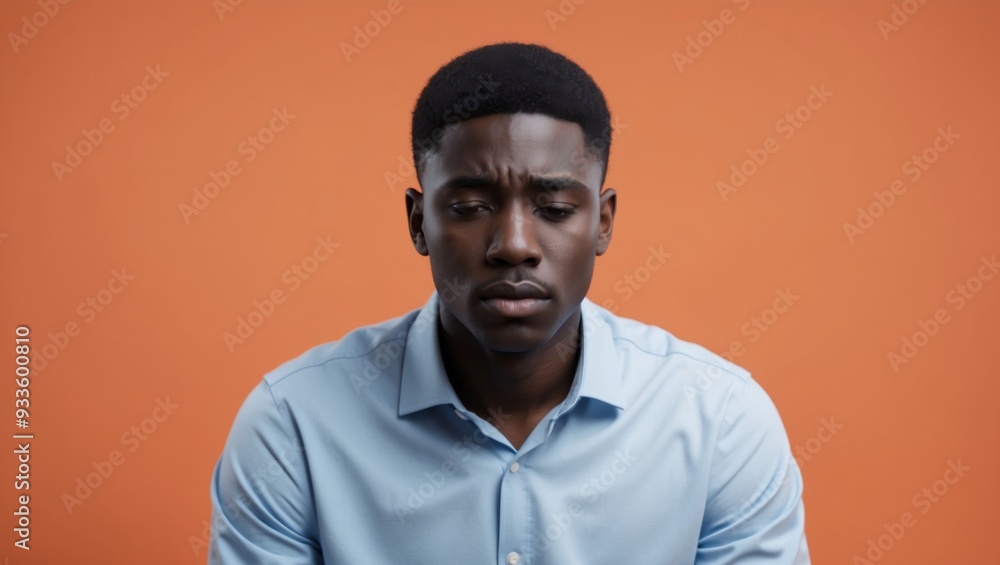 A man appears contemplative against an orange background A man appears contemplative against an orange background