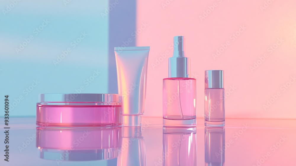 A modern skincare set arranged on a clean glass surface with a background of light, pastel colors. The set includes various items like a face wash, serum, and night cream. The products are placed to A modern skincare set arranged on a clean glass surface with a background of light, pastel colors. The set includes various items like a face wash, serum, and night cream. The products are placed to