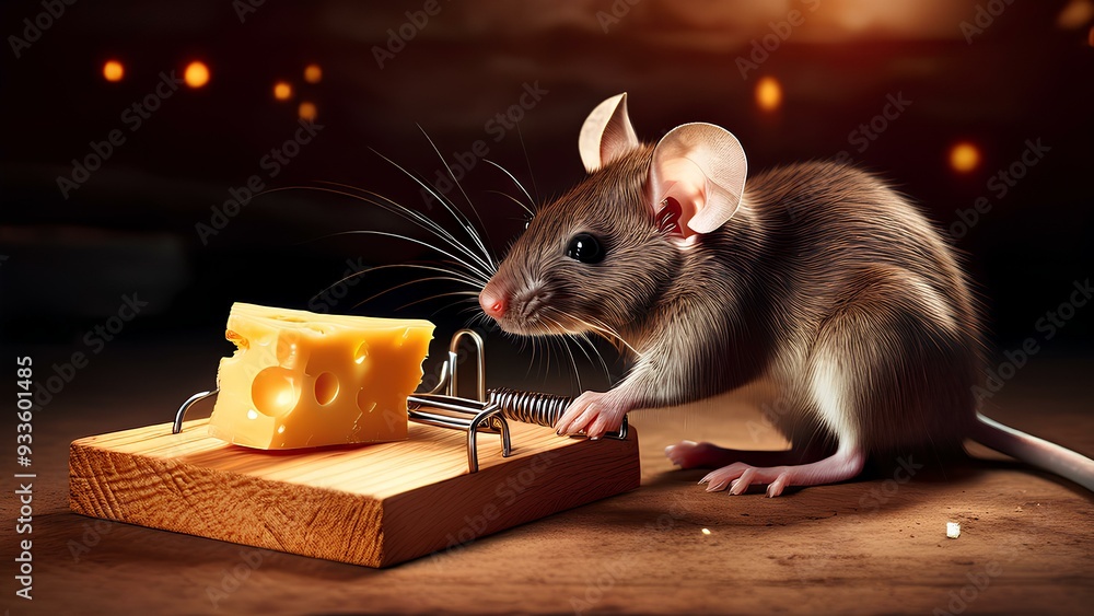 Fototapeta premium A rat stands near a trap with cheese. Gray Mouse and a mousetrap with a piece of cheese. Concept: Temptation, free cheese in a mousetrap.