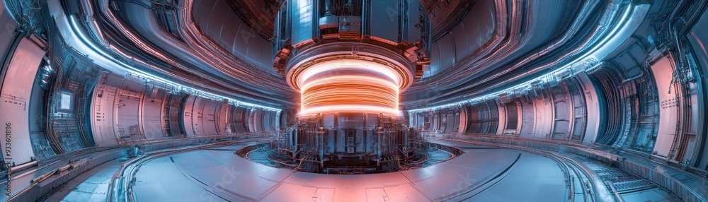 Advanced fusion reactor inside a futuristic power plant, with plasma coils glowing intensely, high-tech sci-fi energy production scene, copy space for text Advanced fusion reactor inside a futuristic power plant, with plasma coils glowing intensely, high-tech sci-fi energy production scene, copy space for text