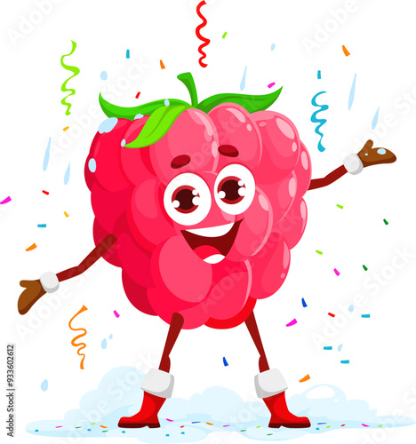 Cartoon Christmas raspberry berry character celebrate holiday. Happy vector fresh juicy personage in red gloves and boots enjoying festive fun under falling colorful confetti at Xmas bash celebration